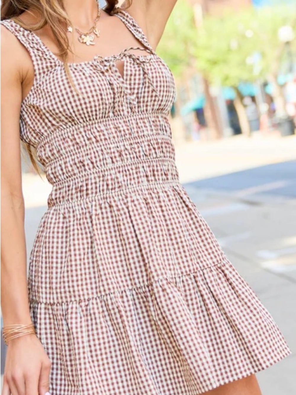 Sim & Sam Smocked Gingham Mini Sundress Cotton Blend Brown Medium NWT